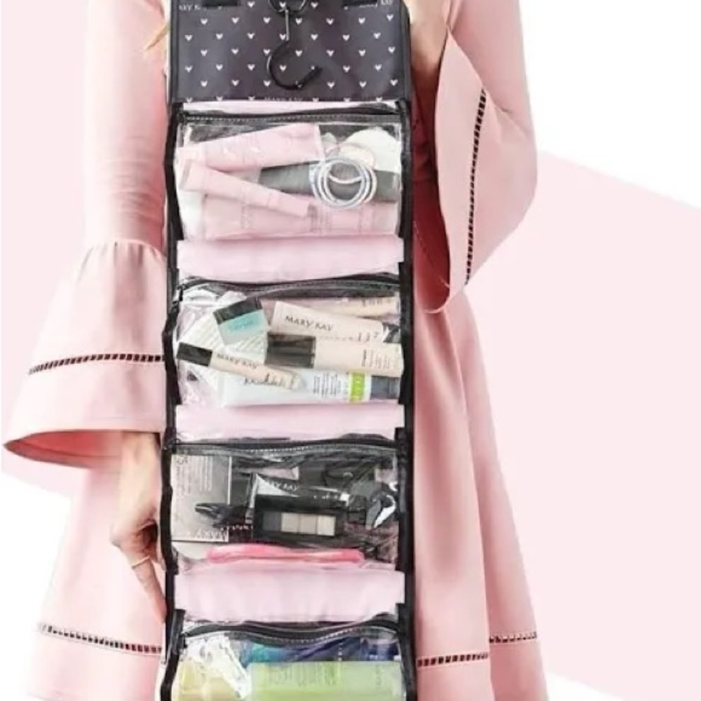 Mary Kay Travel Roll Up Bag Hanging Makeup Organizer New Black with pink Hearts - Picture 3 of 4